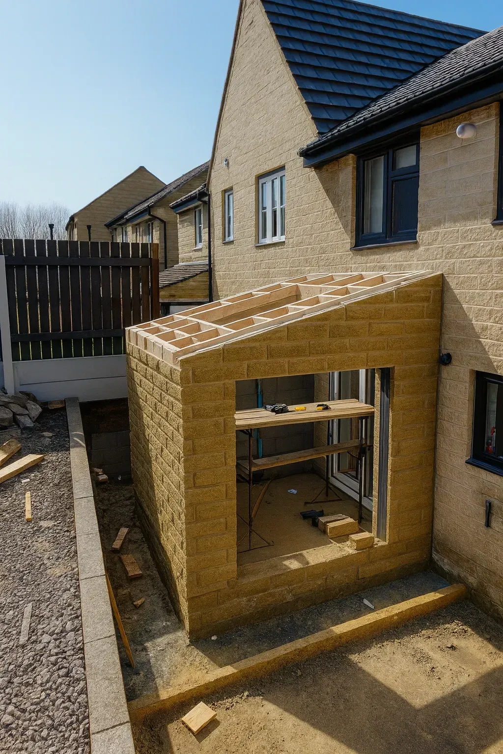 A single-storey extension under construction at the back of a semi-detached house