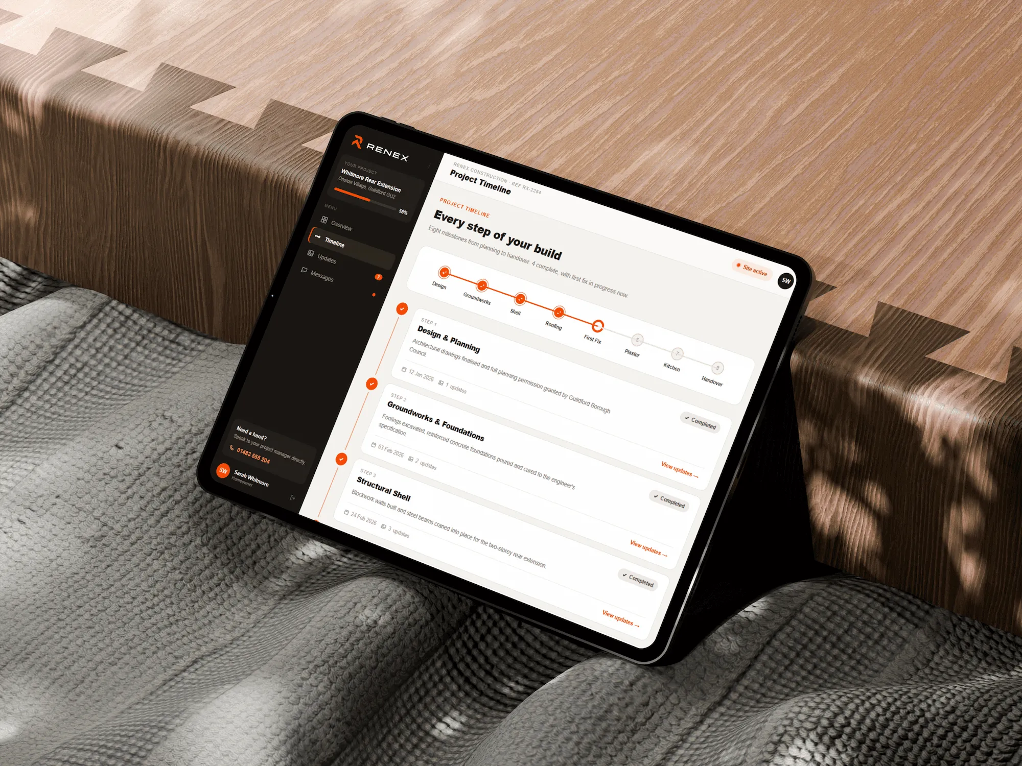 The Renex Client Portal on a tablet, showing project stages and progress