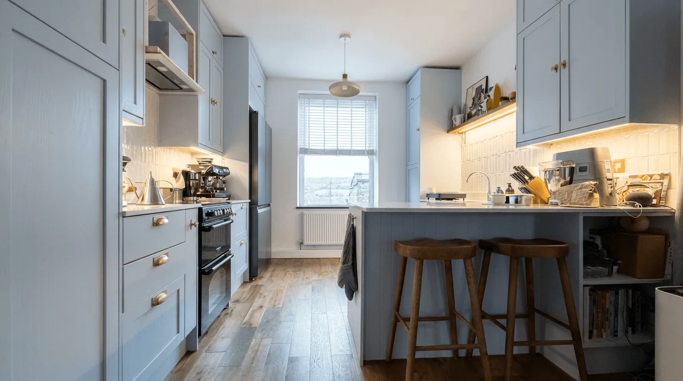 A modern kitchen with grey cabinets, a central island with bar stools and wooden flooring