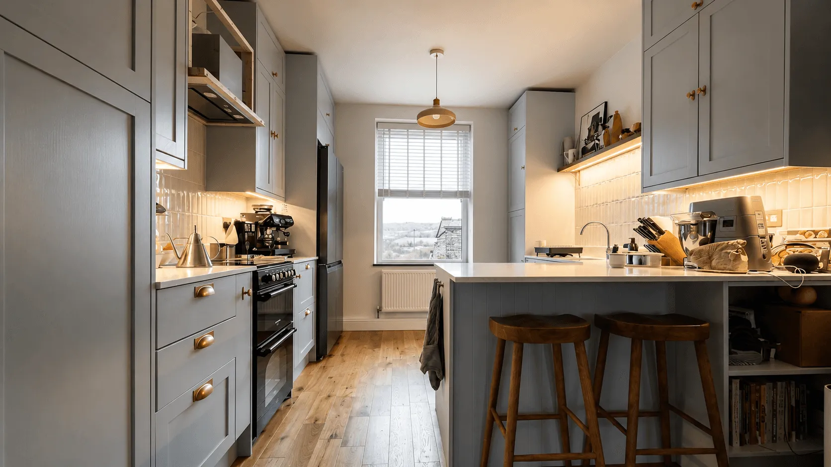 A modern kitchen with grey cabinets, a central island with bar stools and wooden flooring