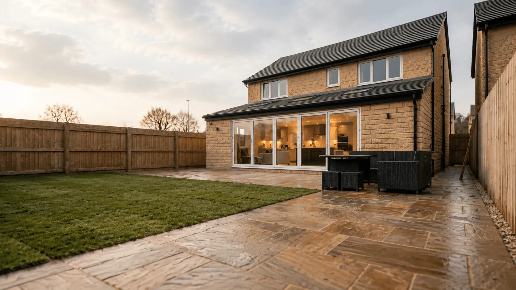 A stone-built family home with a new rear extension and patio, finished by Renex Construction